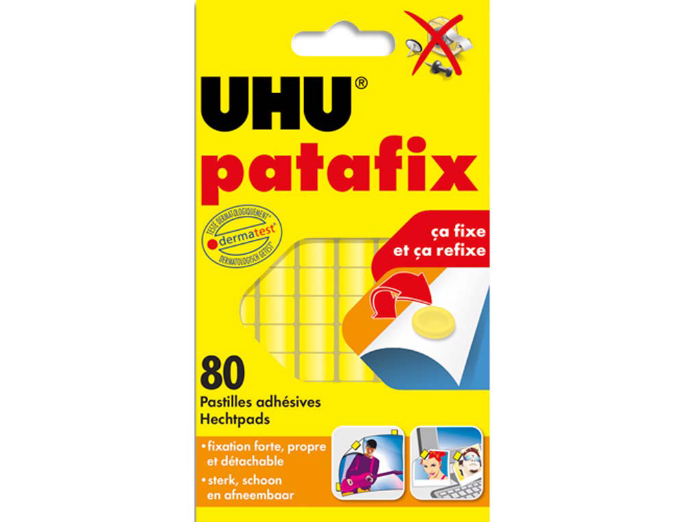 Pastille adhésive uhu patafix fixe momentanément définitivement documents objets coloris jaune sachet 80 unités