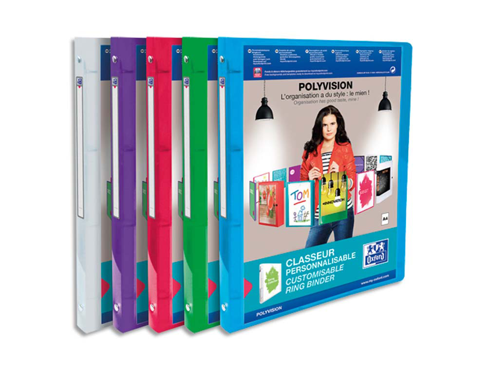 Classeur personnalisable oxford polyvision 4 anneaux 5mm polypropylène dos 20mm 60f pochette coloris translucides