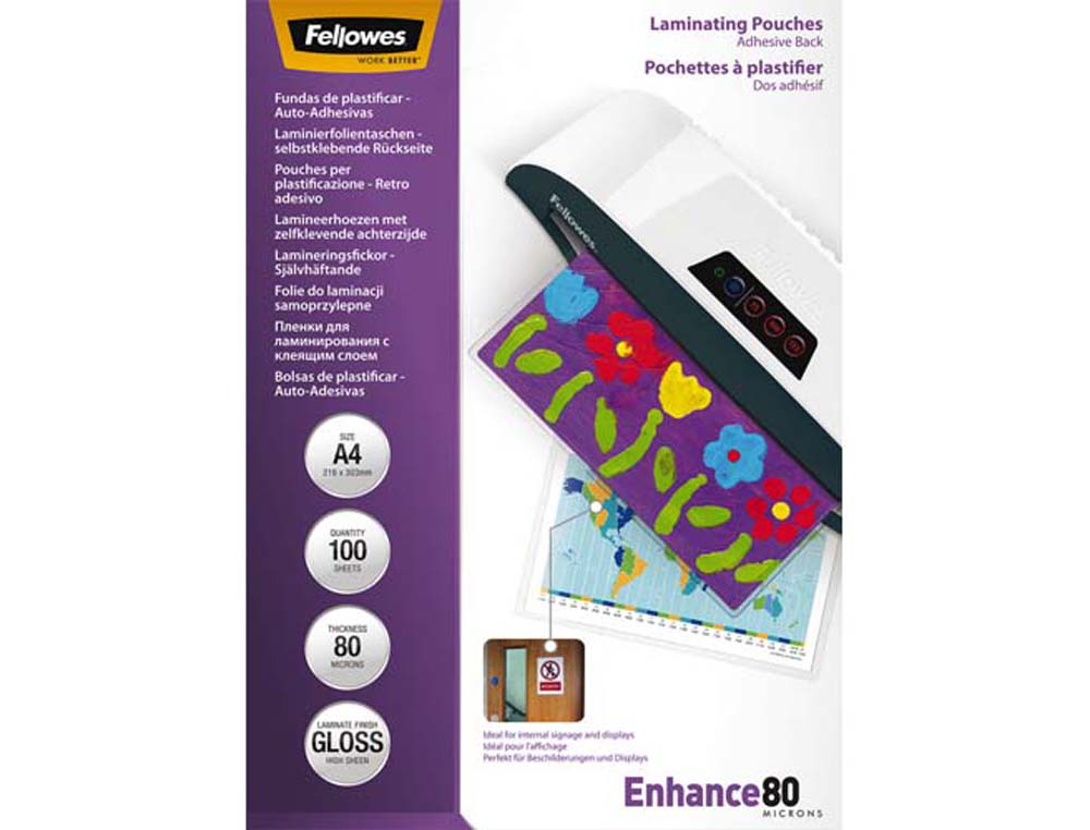 Pochette plastification fellowes à chaud polyester transparent résistant eau format a4 80 microns dos adhésif boîte 100u