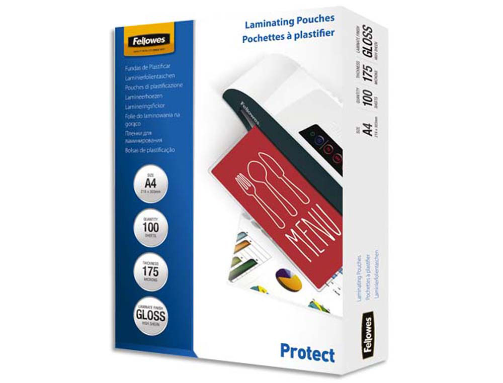 Pochette plastification fellowes à chaud polyester transparent résistant eau format a4 175 microns boîte 100 unités