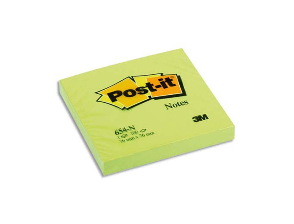 Bloc-notes post-it couleurs néon 76x76mm 100f repositionnables coloris vert fluo