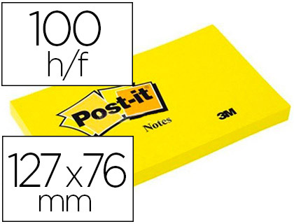 Bloc-notes post-it couleurs néon 127x76mm 100f repositionnables coloris jaune fluo