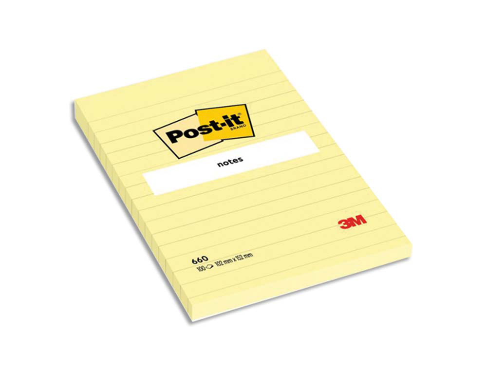 Bloc-notes post-it grand format 102x152mm 100f lignées repositionnables coloris jaune