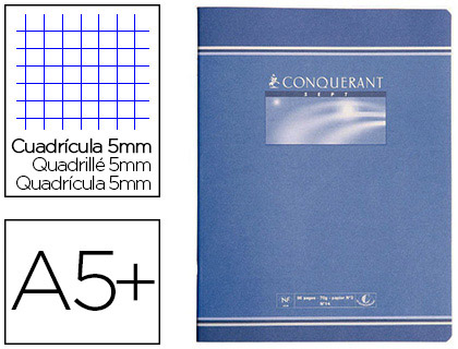 Cahier piqué conquérant sept couverture offset a5+ 17x22cm 96 pages 70g 5x5mm