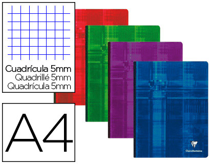 Cahier broché clairefontaine papier vélin velouté couverture souple pelliculée a4 21x29,7cm 192 pages 90g 5x5mm