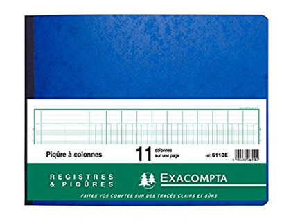 Registre piqûre exacompta colonnes 320x250mm 24 lignes 11 colonnes/page 80 pages