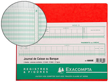 Journal exacompta caisse/banque 270x320mm horizontal 31 lignes 80 pages 2 libellés 9 débits 4 crédits