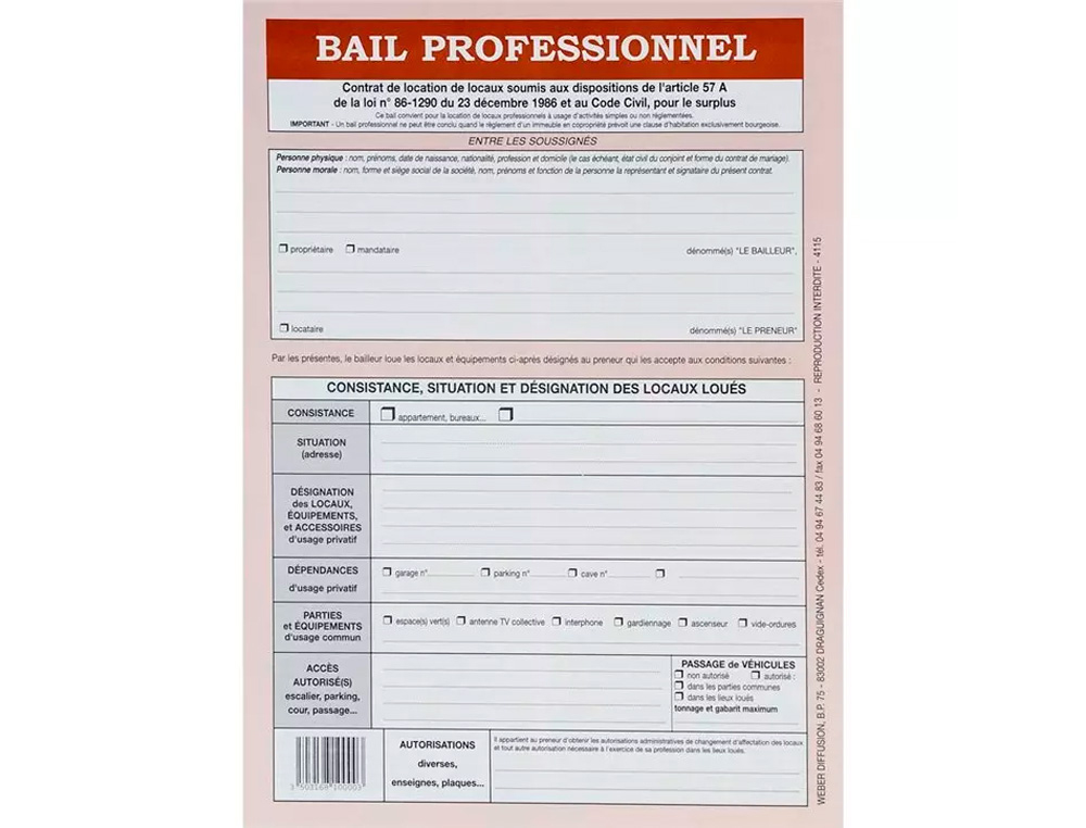 Contrat bail professionnel weber diffusion 8 pages 1 état lieux 1 caution solidaire