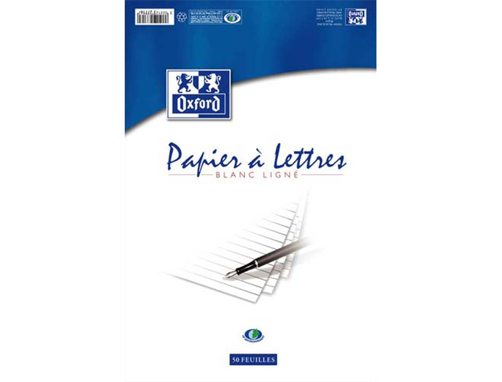 Bloc correspondance oxford papier vélin supérieur 80g/m2 a4 210x297mm travers buvard et guide ligne 50 feuilles