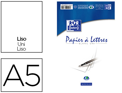 Bloc correspondance oxford papier vélin supérieur 80g/m2 a5 148x210mm travers buvard et guide ligne 50 feuilles