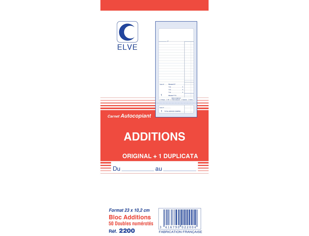 Bloc addition elve papier autocopiant 102x235mm 50 duplis avec numéro