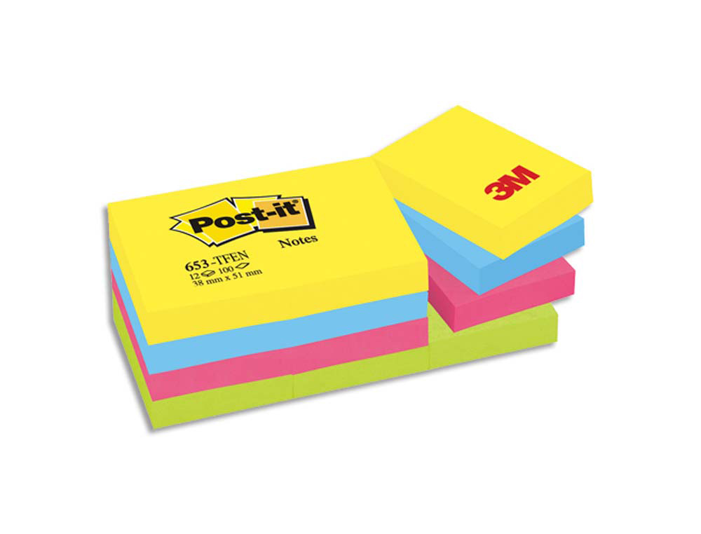 Bloc-notes post-it couleurs énergiques 51x38mm 100f repositionnables 5 coloris assortis 12 blocs