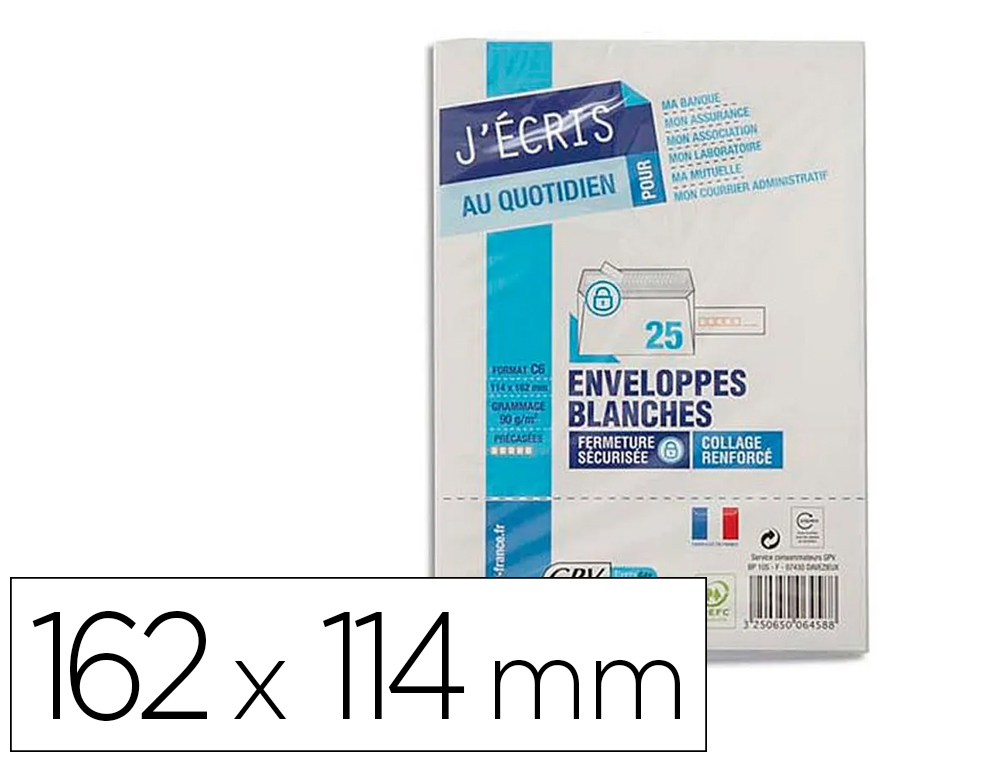 Enveloppe gpv précasée vélin blanc 90g c6 114x162mm adhésive fond gris paquet 25 unités