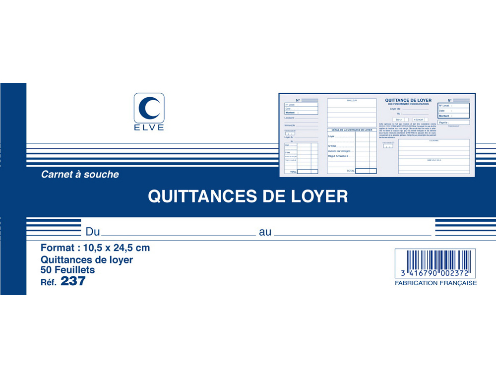 Carnet à souche elve quittances loyer 10,5x24,5cm 50 feuillets 70g papier chèque amagnétique