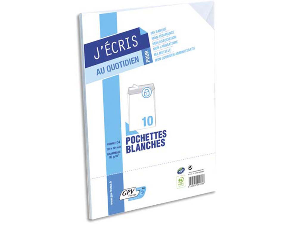 Pochette gpv économique adhésive vélin blanc 90g c4 229x324mm paquet 10 unités