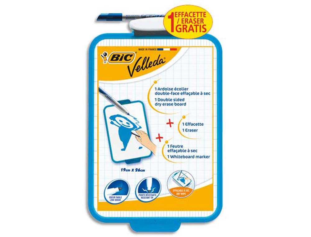 Ardoise blanche bic velleda 190x260mm 1 face unie 1 face quadrillée 1 feutre velleda 1721 1 effacette