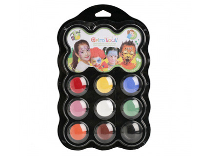 Palette maquillage oz international carnaval grim'tout contient 1 éponge 1 pinceau 1 guide 9 coloris assortis