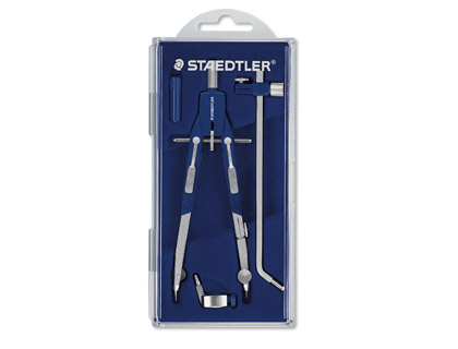 Compas staedtler laiton plaqué nickel satiné fibre verre rallonge vis micrométrique 17cm 35cm rallonge 58.5cm coffret
