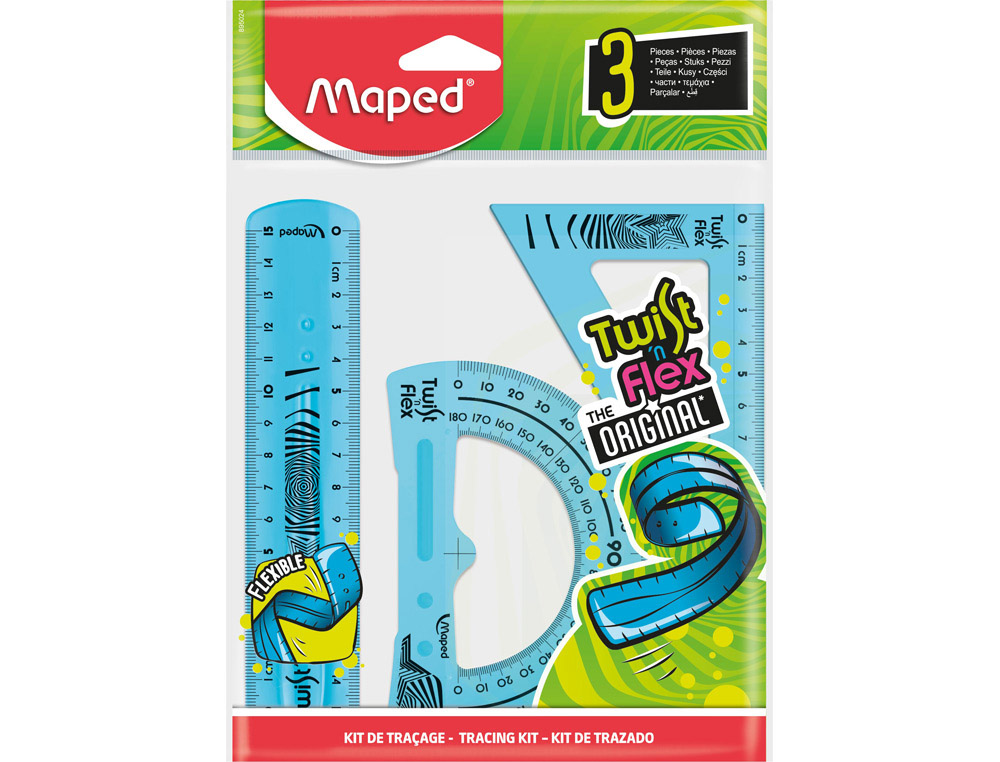 Kit maped twist'n'fix 3 pièces souple incassable règle 15 cm équerre 60 degrés 15cm rapporteur 180 degrés 10cm assortis