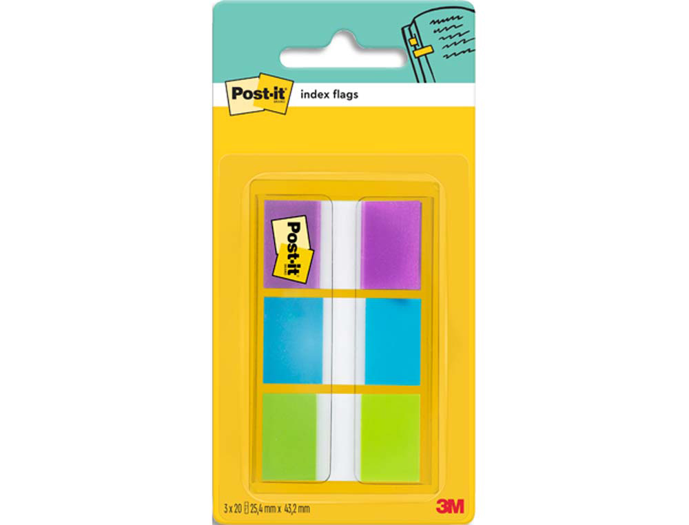 Marque-pages post-it standard index 25x44mm 60f 3 coloris bleu violet vert