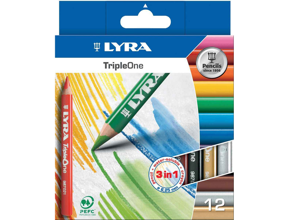 Crayon couleur lyra triple one 3en1 triangulaire aquarellable 120mm craie grasse mine 6.25mm diamètre étui carton 12u