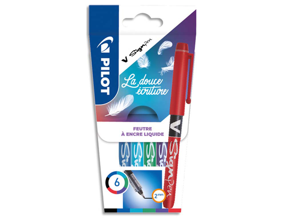 Stylo-feutre pilot v sign pen écriture moyenne 0.6mm pointe fibre polyester encre intense liquide pochette 6 unités