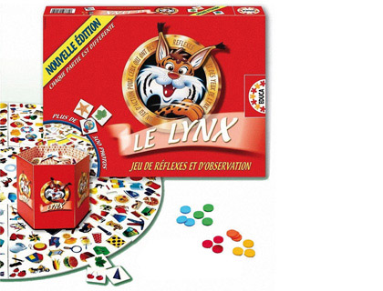 Jeu le lynx contient 1 plateau circulaire 9 pièces 400 cartes d'images 18 jetons 6 coloris 1/6 joueurs