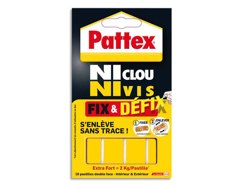 Pastille adhésive pattex ni clou ni vis double face supporte 2.75kg fix défix étui 10 pastilles