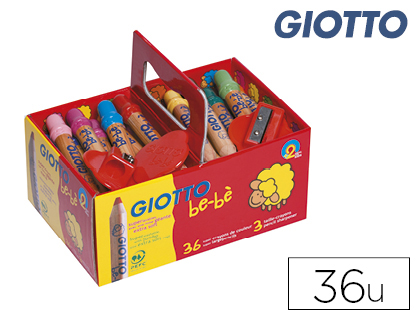 Crayon couleur giotto be-bè 105mm mine facile à tailler diamètre 7mm coloris vifs boîte 36 unités + 3 taille-crayons