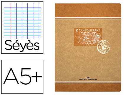 Cahier piqué conquérant sept papier recyclé encre offset base végétale a5+ 17x22cm 96 pages 70g séyès