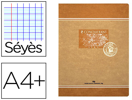 Cahier piqué conquérant sept papier recyclé encre offset base végétale a4+ 24x32cm 96 pages 70g séyès