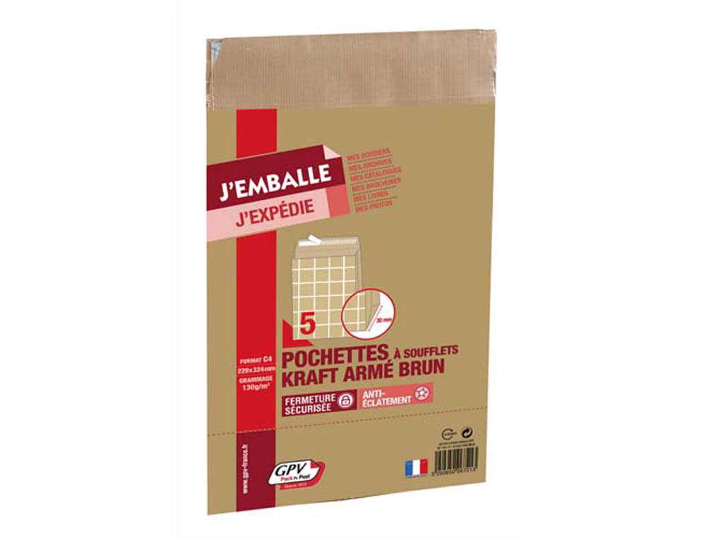 Pochette kraft armé 120g adhésive économique c4 229x324mm soufflets latéraux 30mm paquet 5 unités