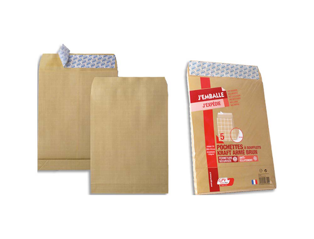 Pochette kraft armé 120g adhésive économique 24 260x330mm soufflets latéraux 30mm paquet 5 unités