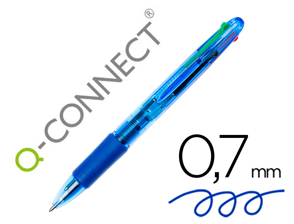 Stylo-bille q-connect 4 couleurs écriture moyenne 0.7mm corps translucide bleuté encre classique noir bleu rouge vert