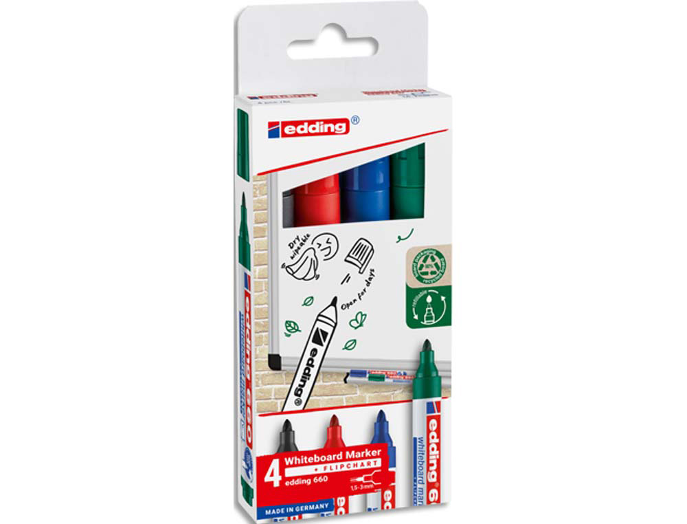 Marqueur edding e660 tableau blanc rechargeable pointe ogive tracé 1.5/3mm encre cap-off non toxique pochette 4 unités