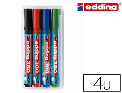 Marqueur edding permanent chevalet e380 pointe ogive tracé 1.5/3mm corps plastique spécial flipchart 4 unités assorties