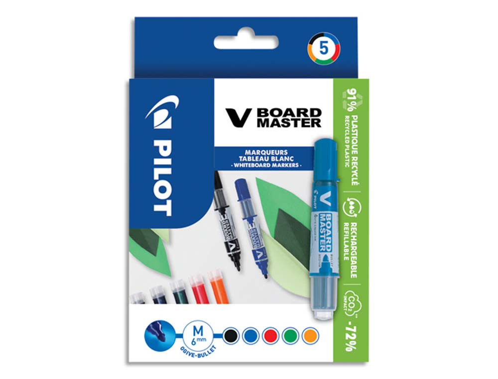 Marqueur pilot v board master rechargeable pointe ogive tracé 2mm encre liquide base alcool couleur vive pochette 5u