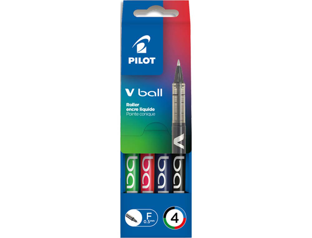 Roller pilot vball 5 écriture fine 0.3mm encre liquide niveau visible régulateur débit clip métal pochette 4 unités