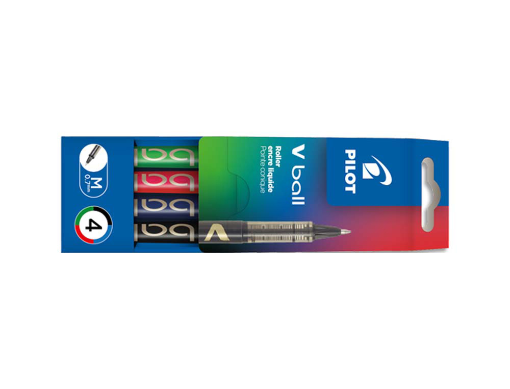 Roller pilot vball 7 écriture moyenne 0.5mm encre liquide niveau visible régulateur débit clip métal pochette 4 unités