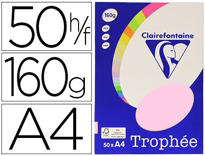 Papier couleur clairefontaine trophée personal paper pack a4 160g/m2 rose pastel paquet 50 feuilles unicolores