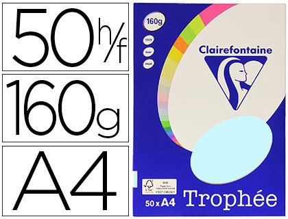 Papier couleur clairefontaine trophée personal paper pack a4 160g/m2 bleu pastel paquet 50 feuilles unicolores