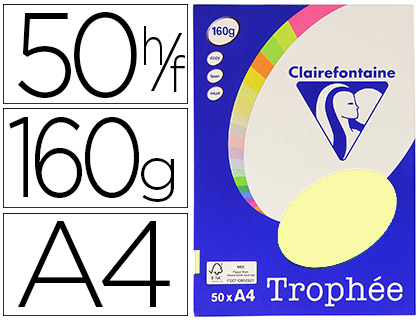 Papier couleur clairefontaine trophée personal paper pack a4 160g/m2 jaune canari paquet 50 feuilles unicolores