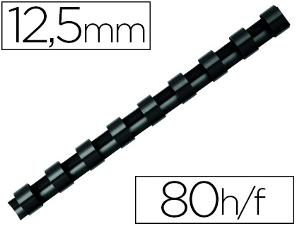 Anneau plastique à relier fellowes dos rond capacité 80f 12,5mm diamètre 300mm longueur coloris noir boîte 100 unités