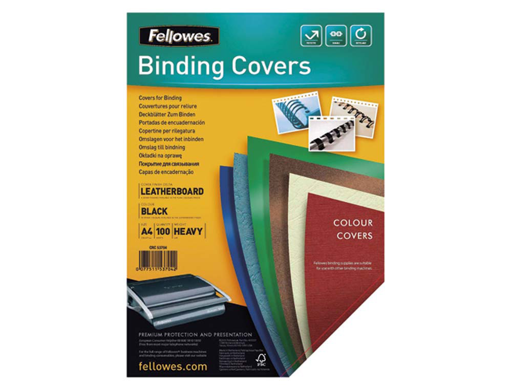 Couverture fellowes grain cuir 250g format a4 coloris noir paquet 100 unités