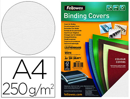 Couverture fellowes grain cuir 250g format a4 coloris blanc paquet 100 unités
