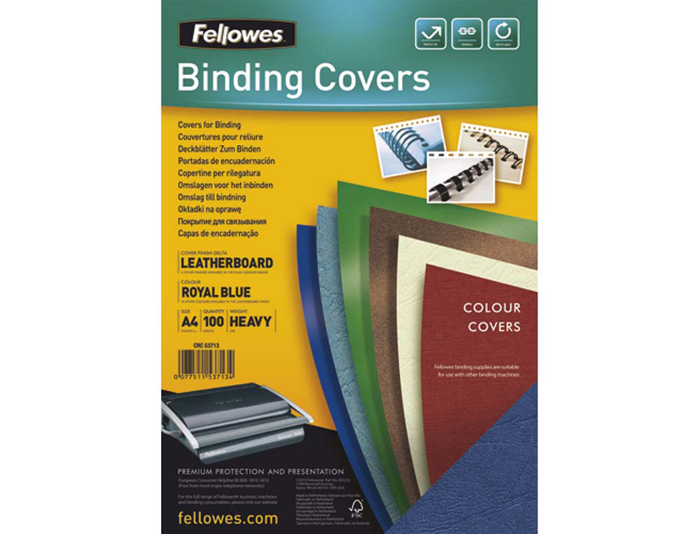Couverture fellowes grain cuir 250g format a4 coloris bleu royal paquet 100 unités