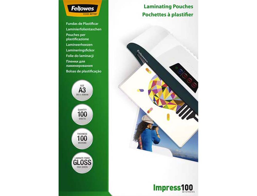 Pochette plastification fellowes à chaud polyester transparent résistant eau format a3 100 microns boîte 100 unités