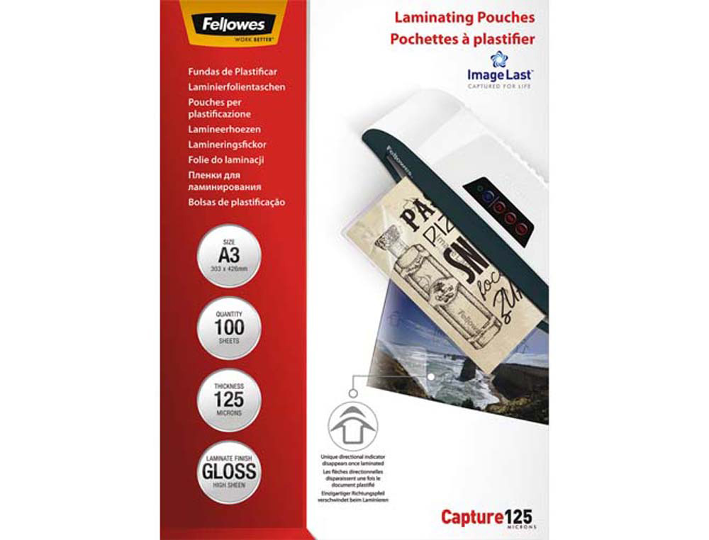 Pochette plastification fellowes à chaud polyester transparent résistant eau format a3 125 microns boîte 100 unités
