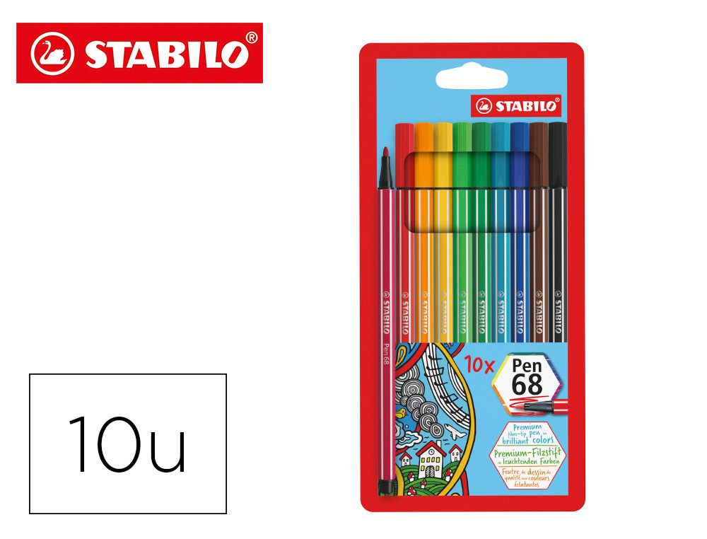 Feutre coloriage stabilo pen 68 encre aquarellable pointe ogive bloquée étui chevalet pochette 10 unités