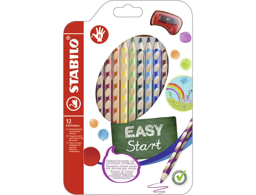 Crayon couleur stabilo droitier corps triangulaire mine large robuste 4.5mm étui 12 unités taille-crayons offert